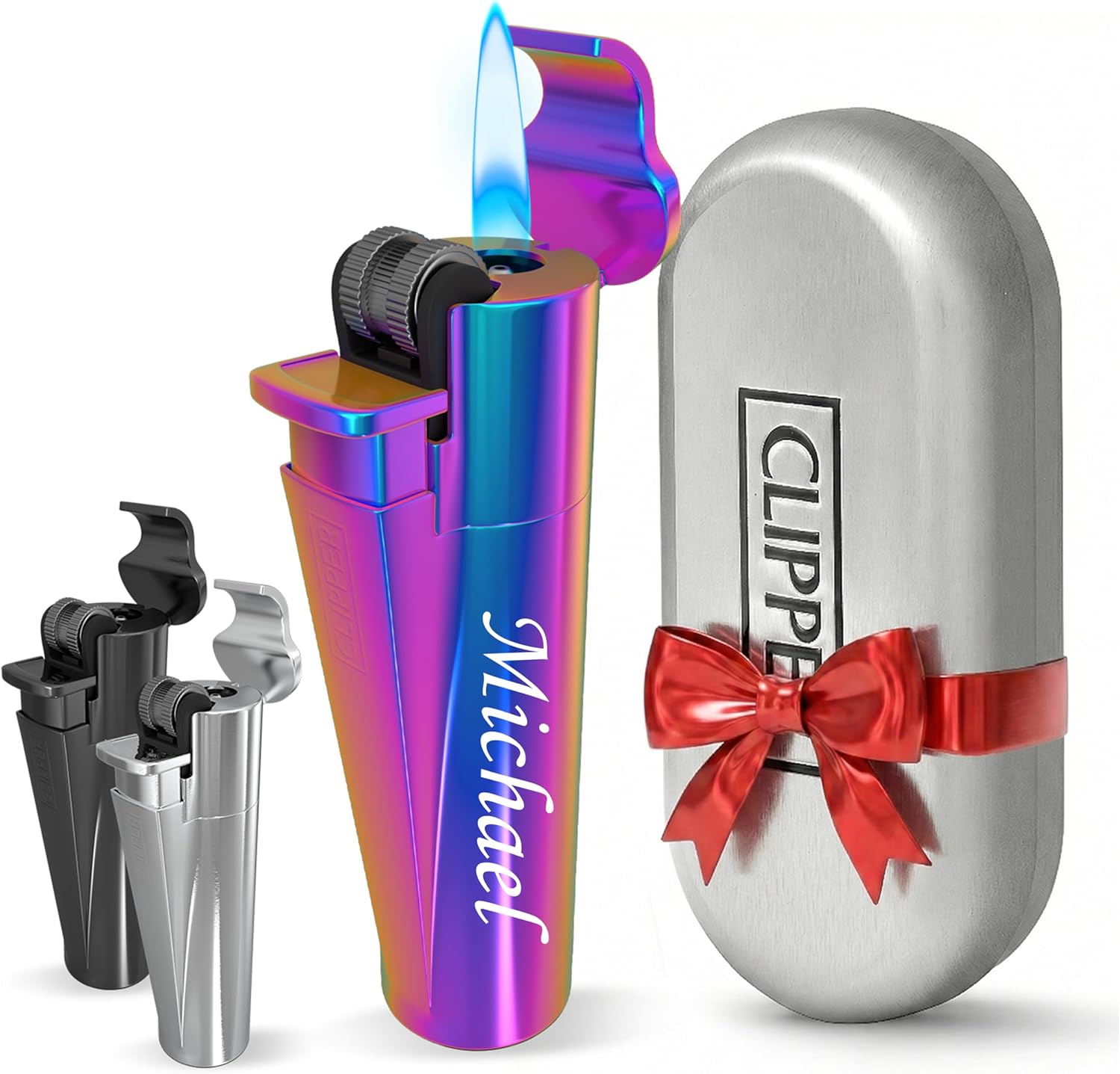Clipper Lighter with Engraving, Personalised Jet Flame Gas Lighter Made of Metal, Gift for Men, Engraved Lighter with Name, Personalised Men's Gift (ICY)