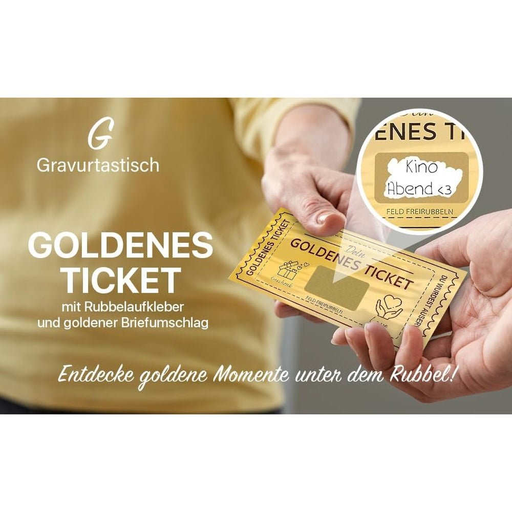 Graviertastisch - Goldenes Ticket mit Rubbelaufkleber - Personalisierbar