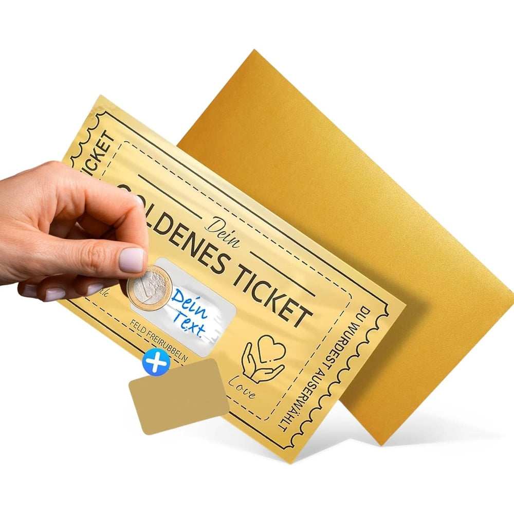 Graviertastisch - Goldenes Ticket mit Rubbelaufkleber - Personalisierbar