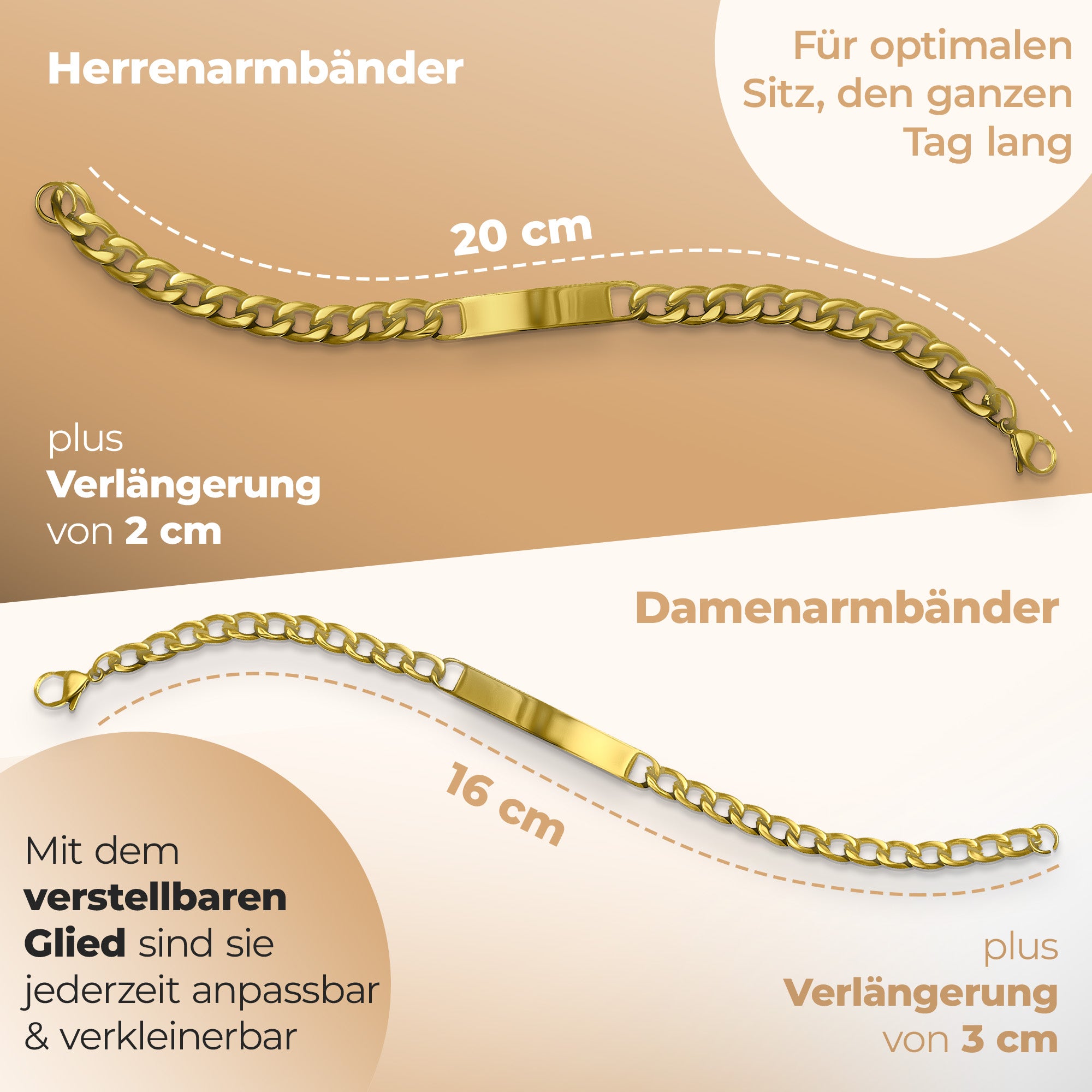 Zwei Armbänder mit Längenbeschreibung: Männerarmband 22 cm, Frauenarmband 19 cm.