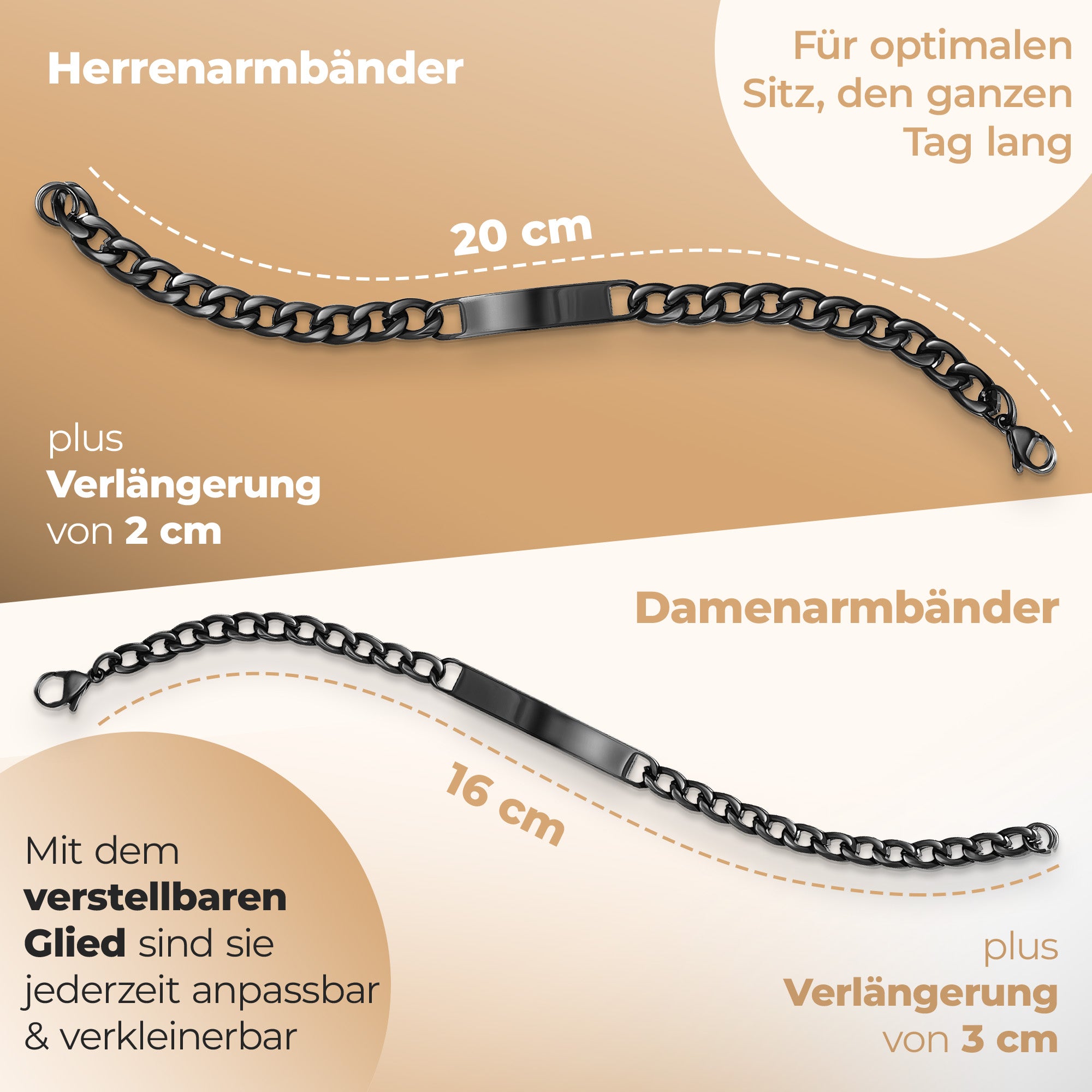 Zwei Armbänder mit Längenbeschreibung: Männerarmband 22 cm, Frauenarmband 19 cm.