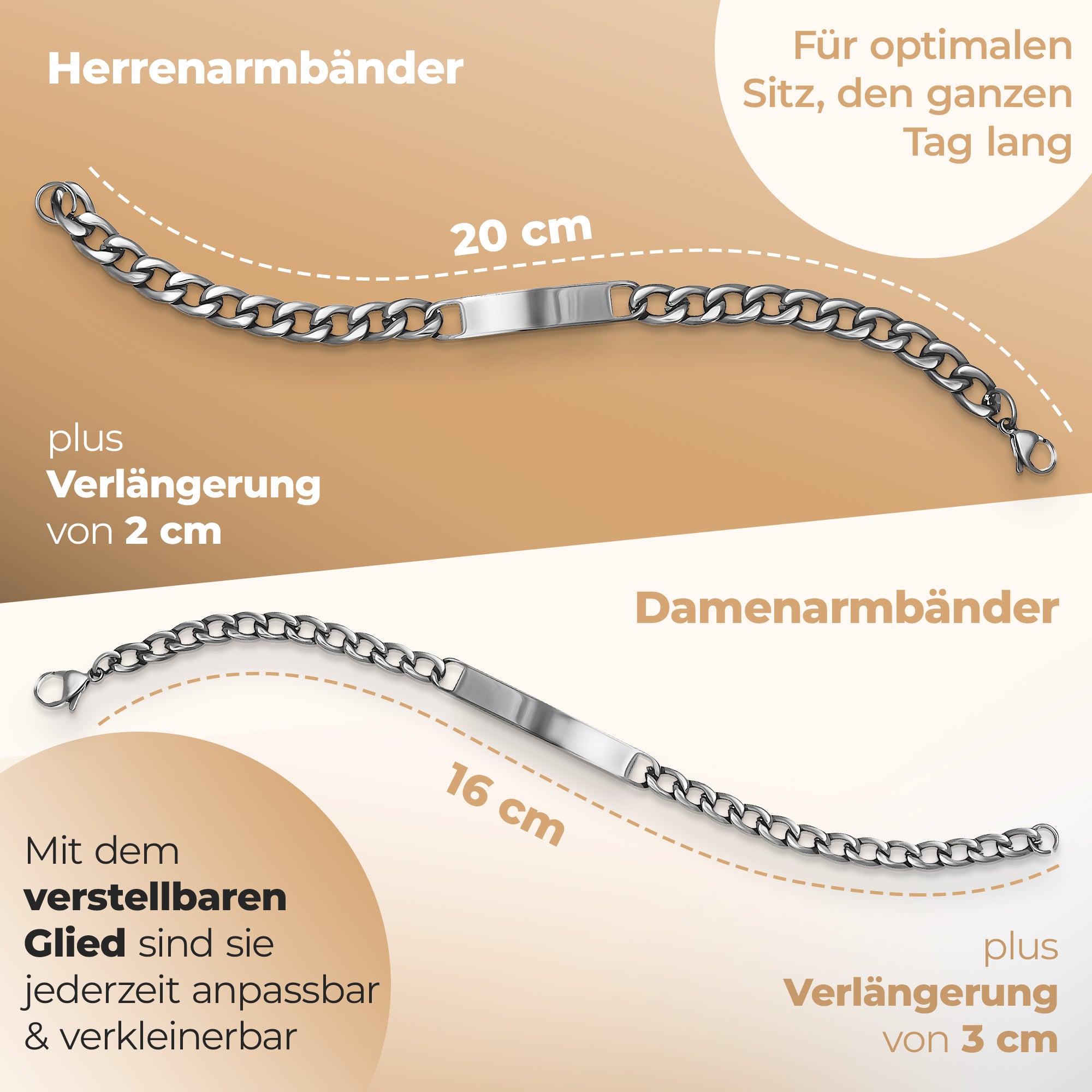 Zwei Armbänder mit Längenbeschreibung: Männerarmband 22 cm, Frauenarmband 19 cm.