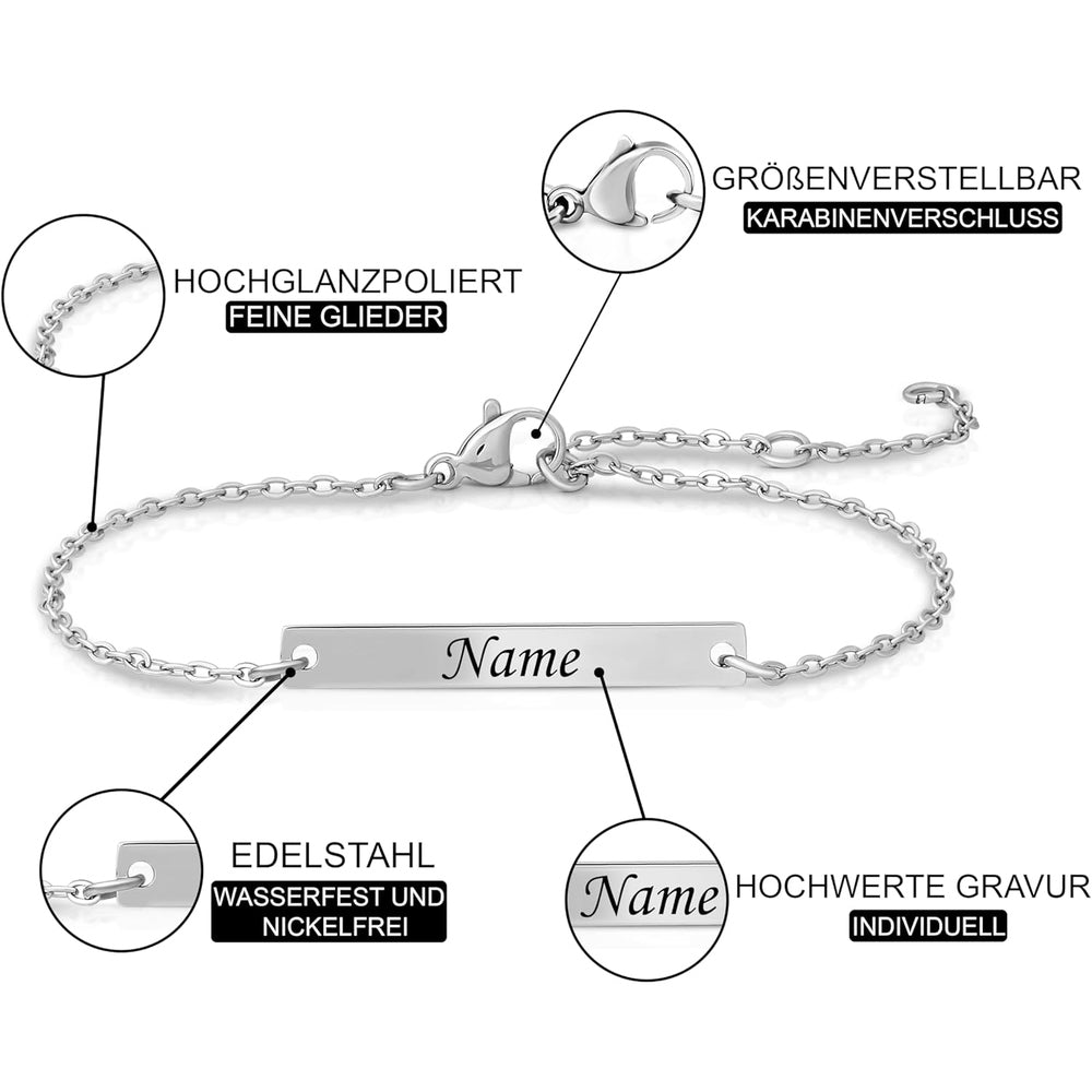 Detaillierte Vorderansicht eines filigranen personalisierten Armbands mit feiner Gravur, zeigt die elegante Gestaltung, die präzise Inschrift und die zarten Designelemente