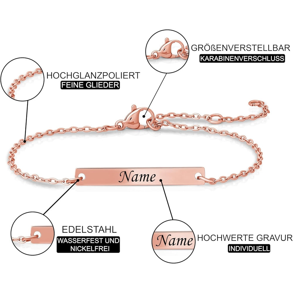 Detaillierte Vorderansicht eines filigranen personalisierten Armbands mit feiner Gravur, zeigt die elegante Gestaltung, die präzise Inschrift und die zarten Designelemente