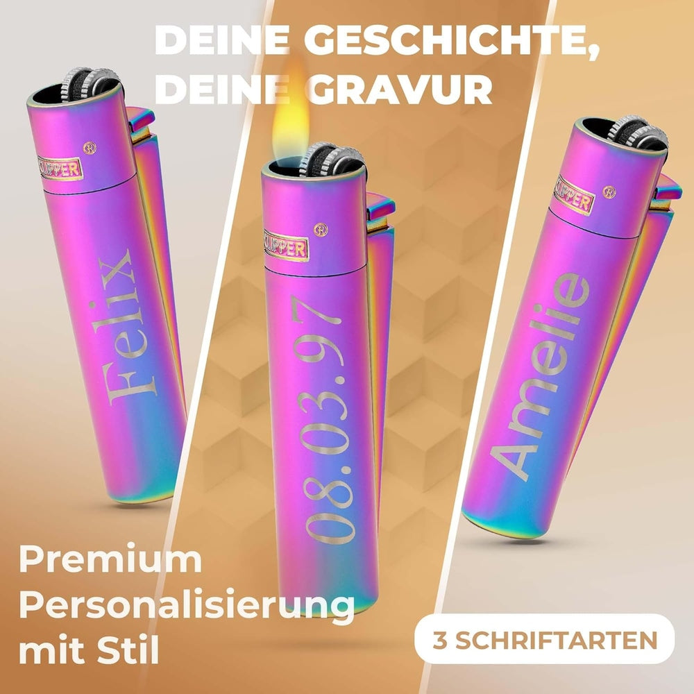 Drei-Clipper-Feuerzeuge-mit-drei-verschiedenen-Schriftarten-auf-grau-beigem-Hintergrund-Personalisierung